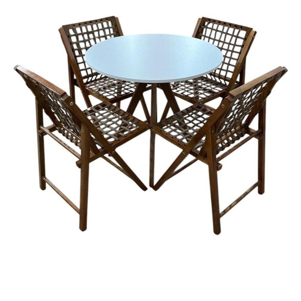 Conjunto Mesa Redonda Com 4 Cadeiras Em Madeira E Corda Náutica Castanho/branco - 1