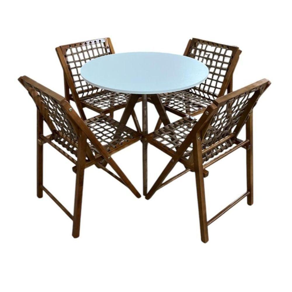 Conjunto Mesa Redonda Com 4 Cadeiras Em Madeira E Corda Náutica Castanho/branco - 2