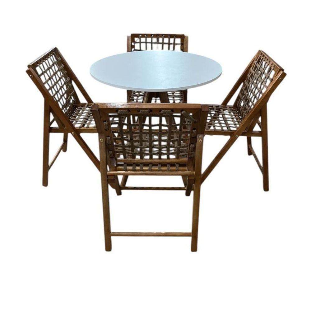 Conjunto Mesa Redonda Com 4 Cadeiras Em Madeira E Corda Náutica Castanho/branco - 3
