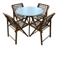 Conjunto Mesa Redonda Com 4 Cadeiras Em Madeira E Corda Náutica Castanho/branco - 1