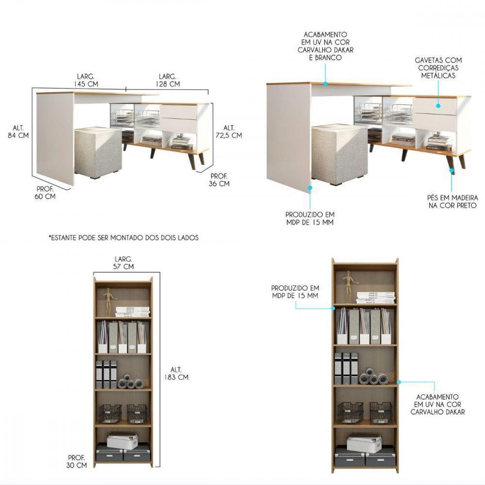 Conjunto Office 2 Estantes Prateleiras Mesa L Menu Móveis Branco Carvalho - 2