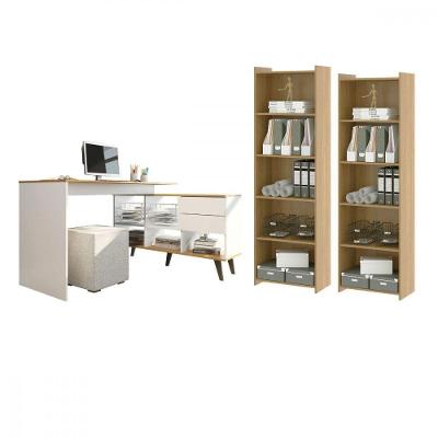 Conjunto Office 2 Estantes Prateleiras Mesa L Menu Móveis Branco Carvalho