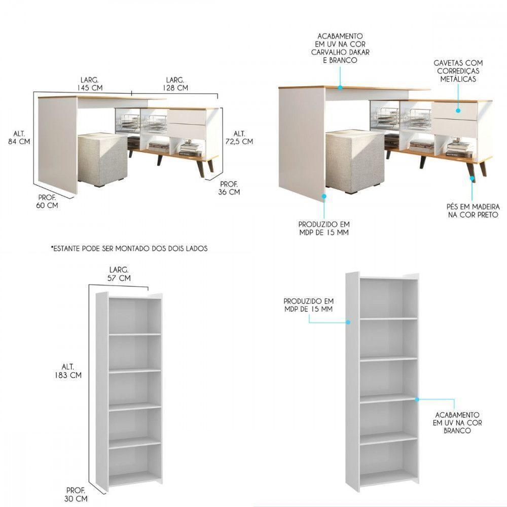 Conjunto Escritório 2 Peças Mesa L C/ Estante Retrô Branco Branco - 2