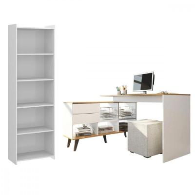 Conjunto Escritório 2 Peças Mesa L C/ Estante Retrô Branco Branco