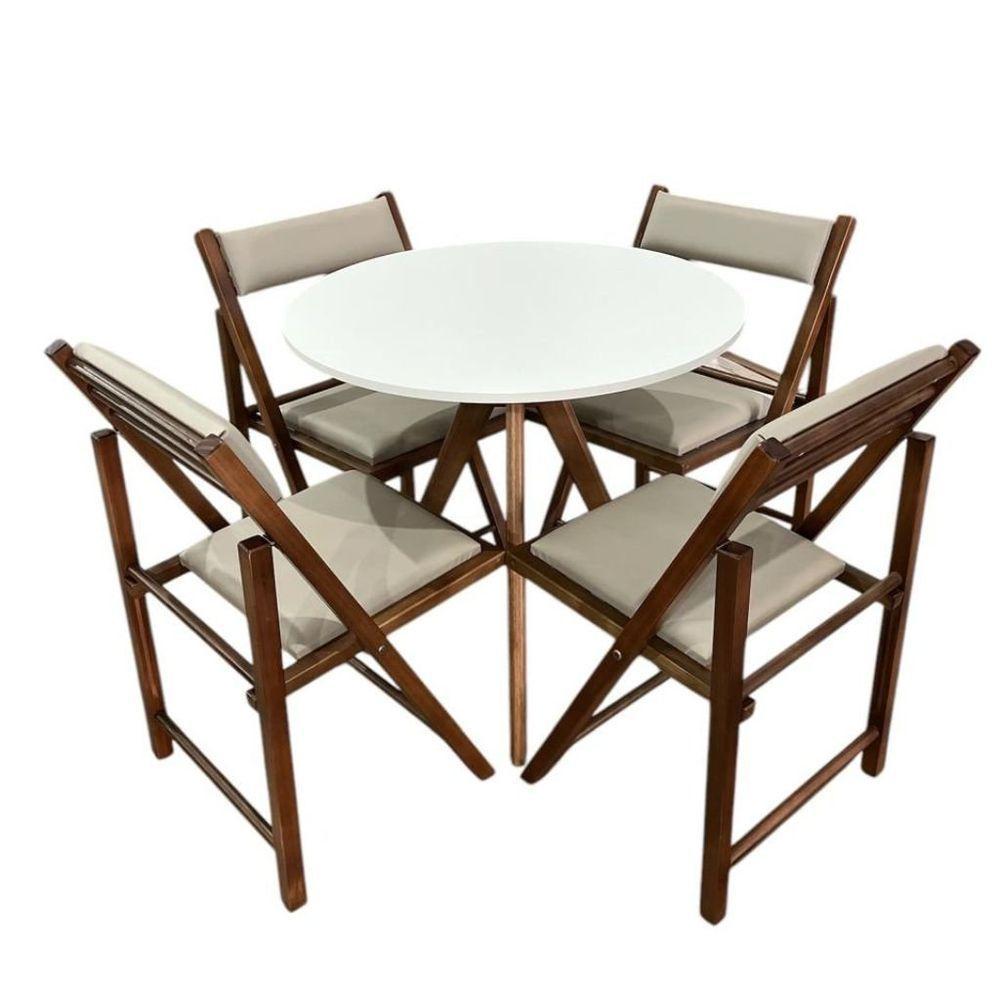 Conjunto Mesa Redonda Com 4 Cadeiras Dobráveis Estofadas Castanho - 1