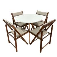 Conjunto Mesa Redonda Com 4 Cadeiras Dobráveis Estofadas Castanho - 1