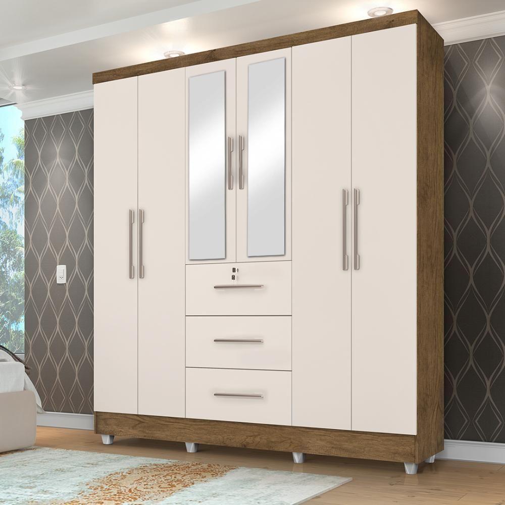 Guarda Roupas Casal Com Espelho 6 Portas 3 Gavetas Com Pés Tokio Jequitibá / Off White Jequajequitibá/off Whiteitibá/off White - 4
