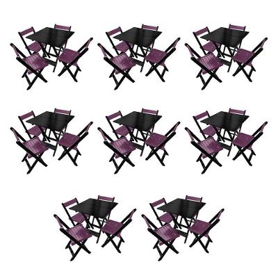 Kit 8 Mesas De Madeira Dobrável Preto 70x70 Com 4 Cadeiras Dobráveis Roxo