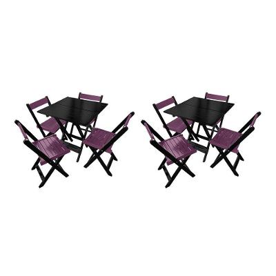 Kit 2 Mesas De Madeira Dobrável Preto 70x70 Com 4 Cadeiras Dobráveis Roxo