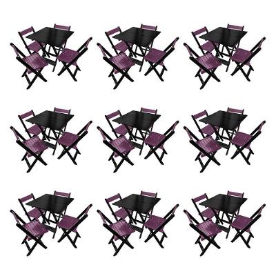 Kit 9 Mesas De Madeira Dobrável Preto 70x70 Com 4 Cadeiras Dobráveis Roxo