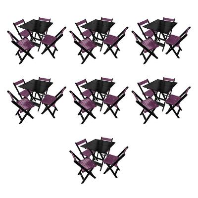 Kit 7 Mesas De Madeira Dobrável Preto 70x70 Com 4 Cadeiras Dobráveis Roxo