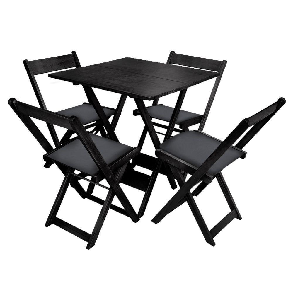 Jogo De Mesa Dobrável De Madeira 70x70 Com 4 Cadeiras Preto Estofado Preto - 1