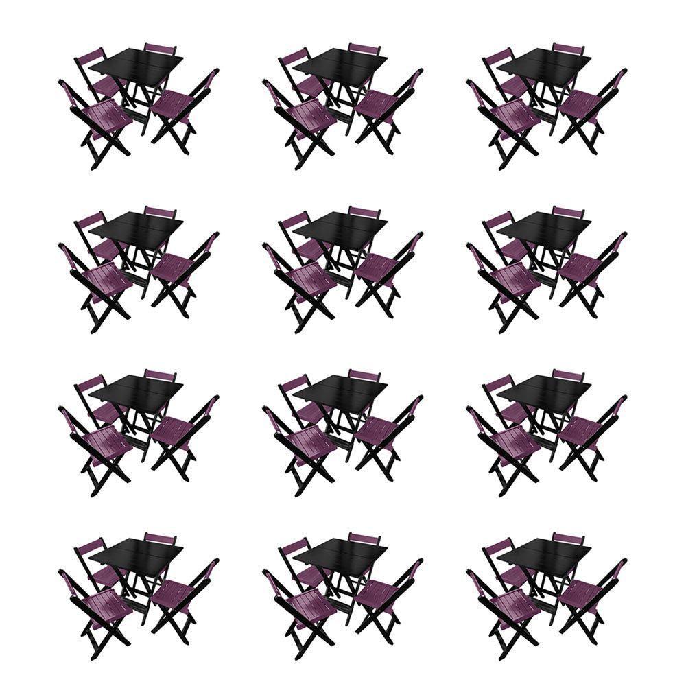 Kit 12 Mesas De Madeira Dobrável Preto 70x70 Com 4 Cadeiras Dobráveis Roxo - 1