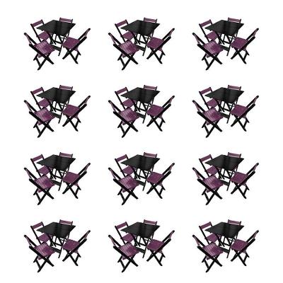 Kit 12 Mesas De Madeira Dobrável Preto 70x70 Com 4 Cadeiras Dobráveis Roxo