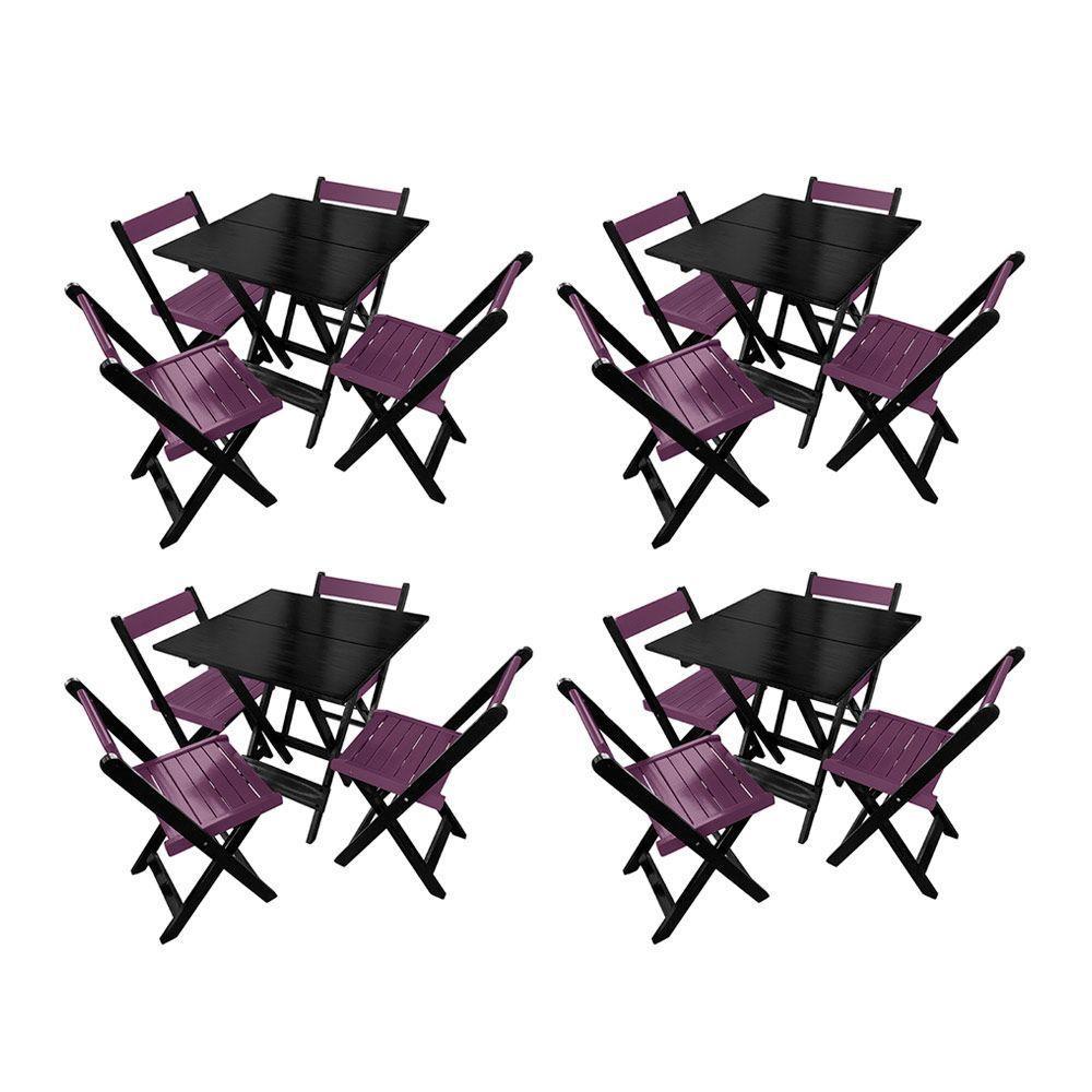 Kit 4 Mesas De Madeira Dobrável Preto 70x70 Com 4 Cadeiras Dobráveis Roxo - 1