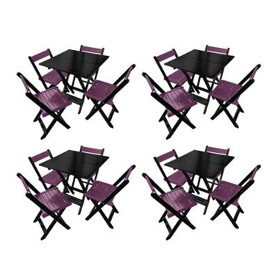 Kit 4 Mesas De Madeira Dobrável Preto 70x70 Com 4 Cadeiras Dobráveis Roxo