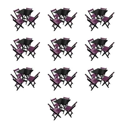 Kit 10 Mesas De Madeira Dobrável Preto 70x70 Com 4 Cadeiras Dobráveis Roxo