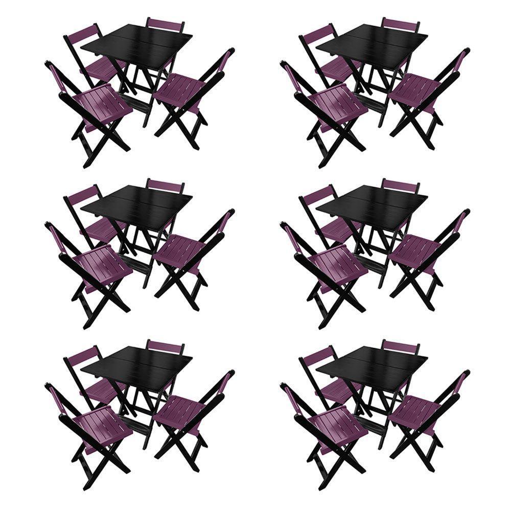 Kit 6 Mesas De Madeira Dobrável Preto 70x70 Com 4 Cadeiras Dobráveis Roxo - 1