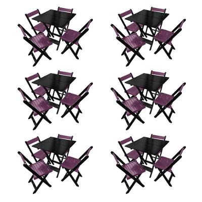 Kit 6 Mesas De Madeira Dobrável Preto 70x70 Com 4 Cadeiras Dobráveis Roxo