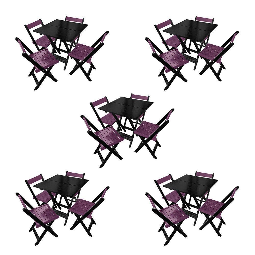 Kit 5 Mesas De Madeira Dobrável Preto 70x70 Com 4 Cadeiras Dobráveis Roxo - 1