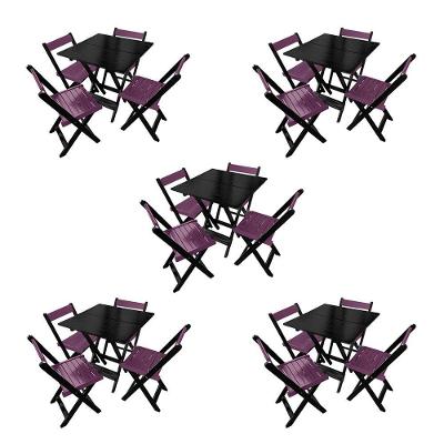 Kit 5 Mesas De Madeira Dobrável Preto 70x70 Com 4 Cadeiras Dobráveis Roxo