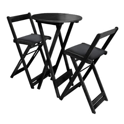 Jogo Bistro De Madeira Dobrável Redondo 55cm Diâmetro Com 2 Cadeiras Preto Estofado Preto