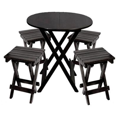 Conjunto De Mesa Dobrável De Madeira 60cm Redondo Com 4 Banquinhos Dobráveis Preto