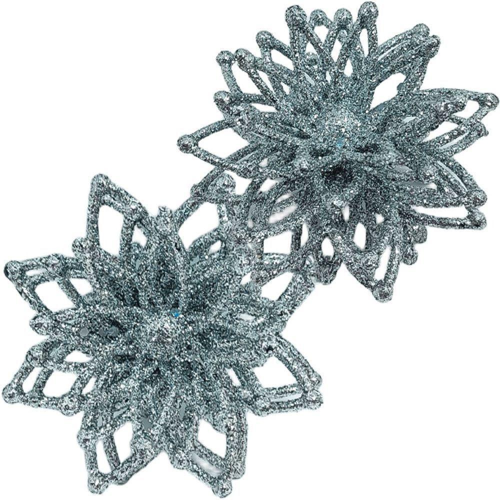 Pendentes Natalino Enfeite Flores Com Gliter Prata Kit 8pçs - 1