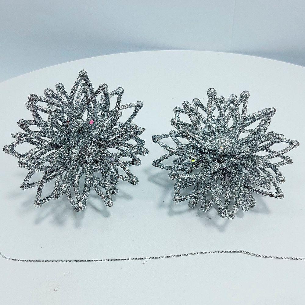 Pendentes Natalino Enfeite Flores Com Gliter Prata Kit 12pçs - 3