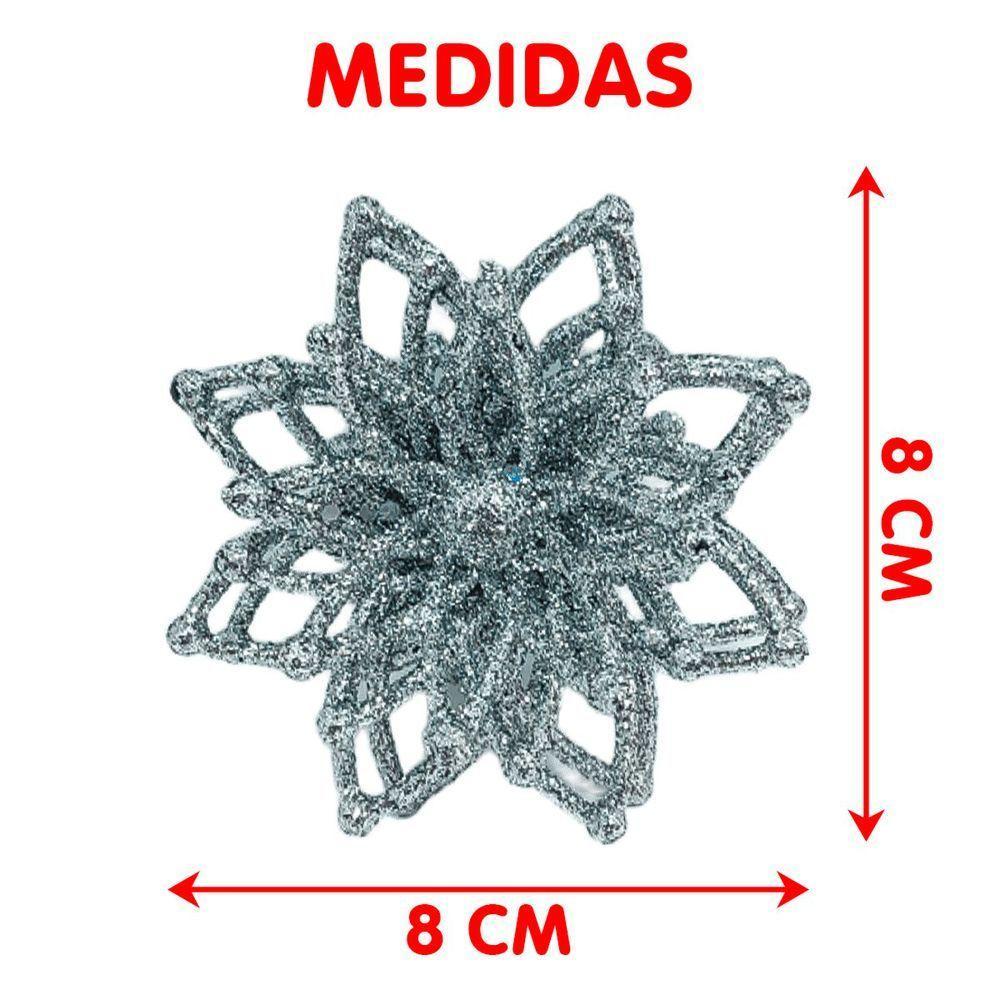 Pendentes Natalino Enfeite Flores Com Gliter Prata Kit 12pçs - 4