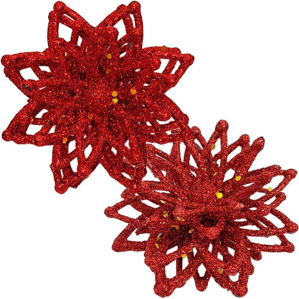 Pendentes Enfeite Natalino Flores Gliter Vermelho Kit 20pçs - 1