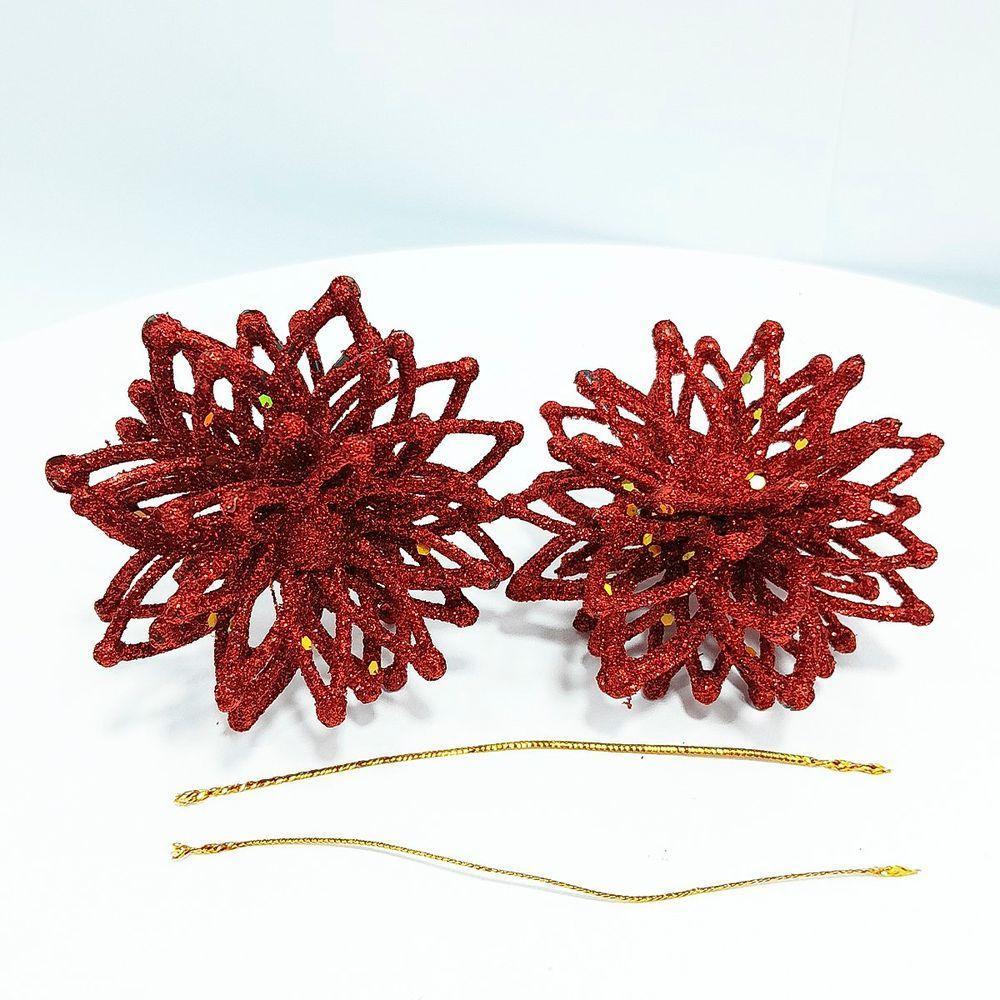 Pendentes Enfeite Natalino Flores Gliter Vermelho Kit 20pçs - 3