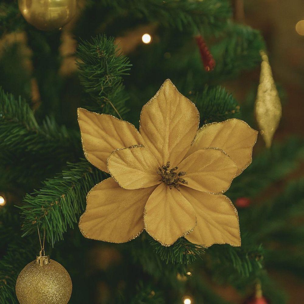 Kit 3 Flores Magnólia Natalina Veludo Dourado Pick Com Glitter Luxo 50cm - 2