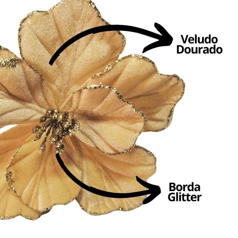 Kit 3 Flores Magnólia Natalina Veludo Dourado Pick Com Glitter Luxo 50cm - 3