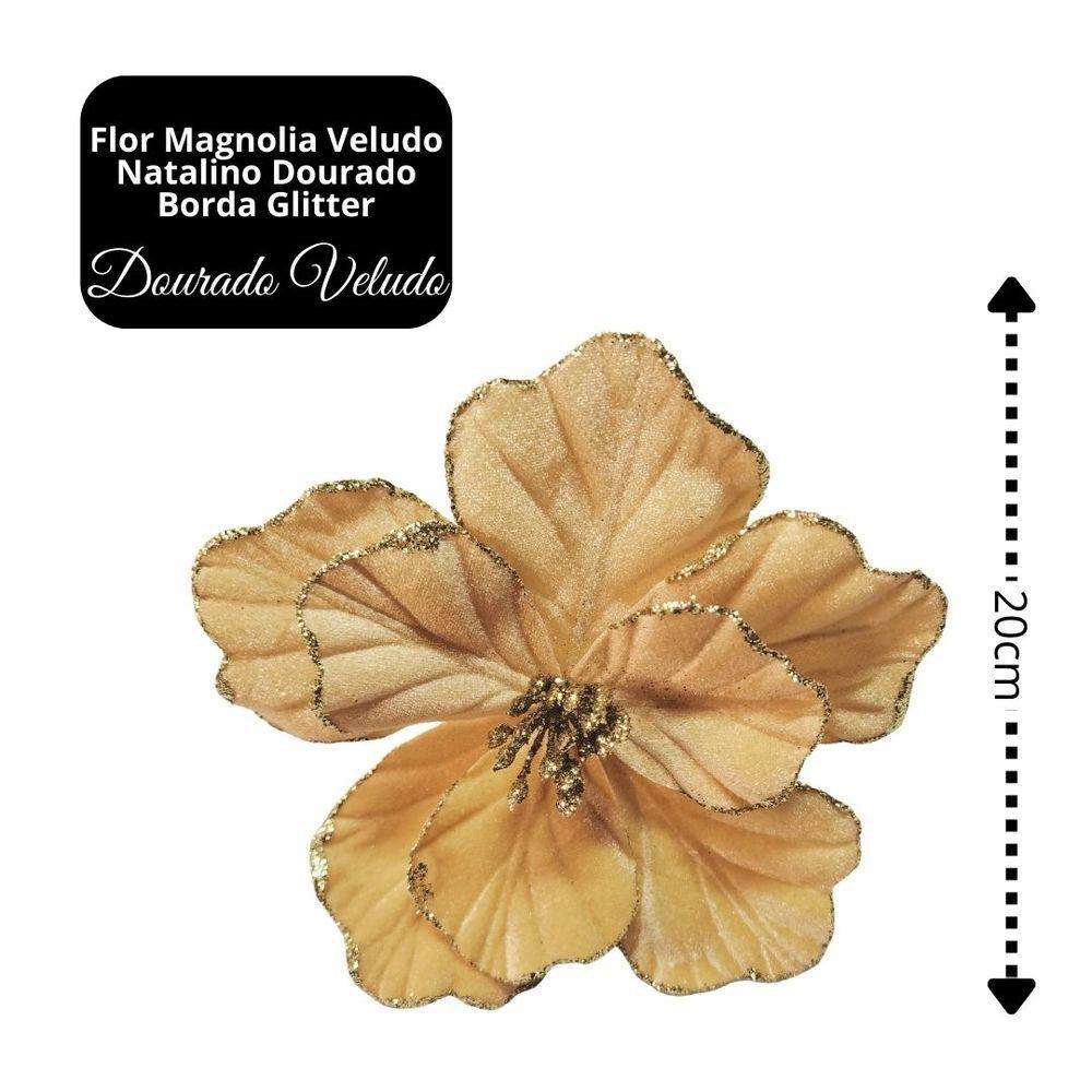 Kit 3 Flores Magnólia Natalina Veludo Dourado Pick Com Glitter Luxo 50cm - 5