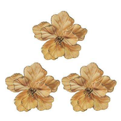 Kit 3 Flores Magnólia Natalina Veludo Dourado Pick Com Glitter Luxo 50cm