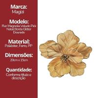 Kit 3 Flores Magnólia Natalina Veludo Dourado Pick Com Glitter Luxo 50cm - 7
