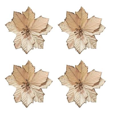 Kit 4 Flores Bico De Papagaio Pick Natalino Veludo Champanhe Glitter 13cm