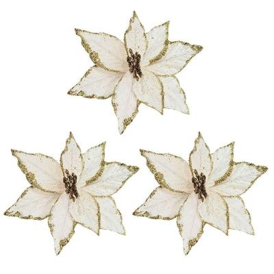 Kit 3 Flores Bico De Papagaio Natal Pick Veludo Champanhe Glitter Dourado 20cm