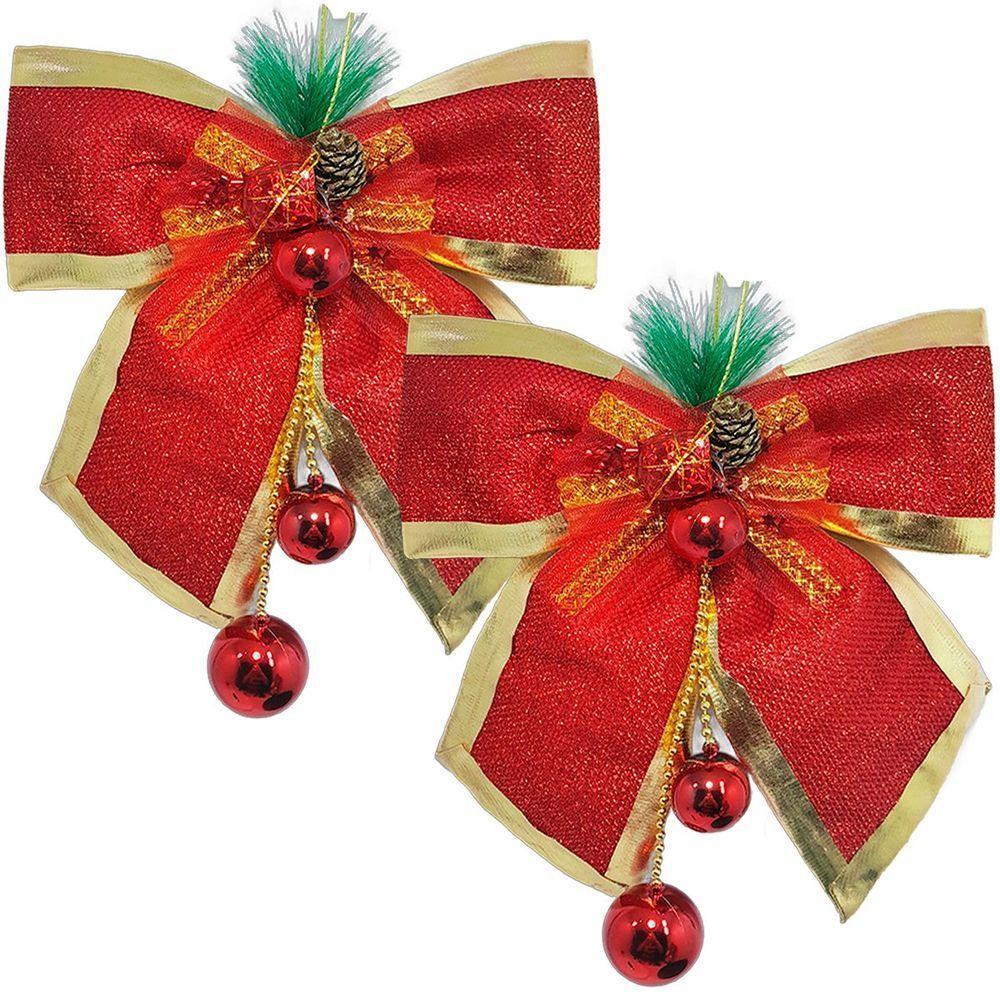 Enfeite Laços Natalino Com Bolas Pendente Vermelho Kit 6pçs - 1