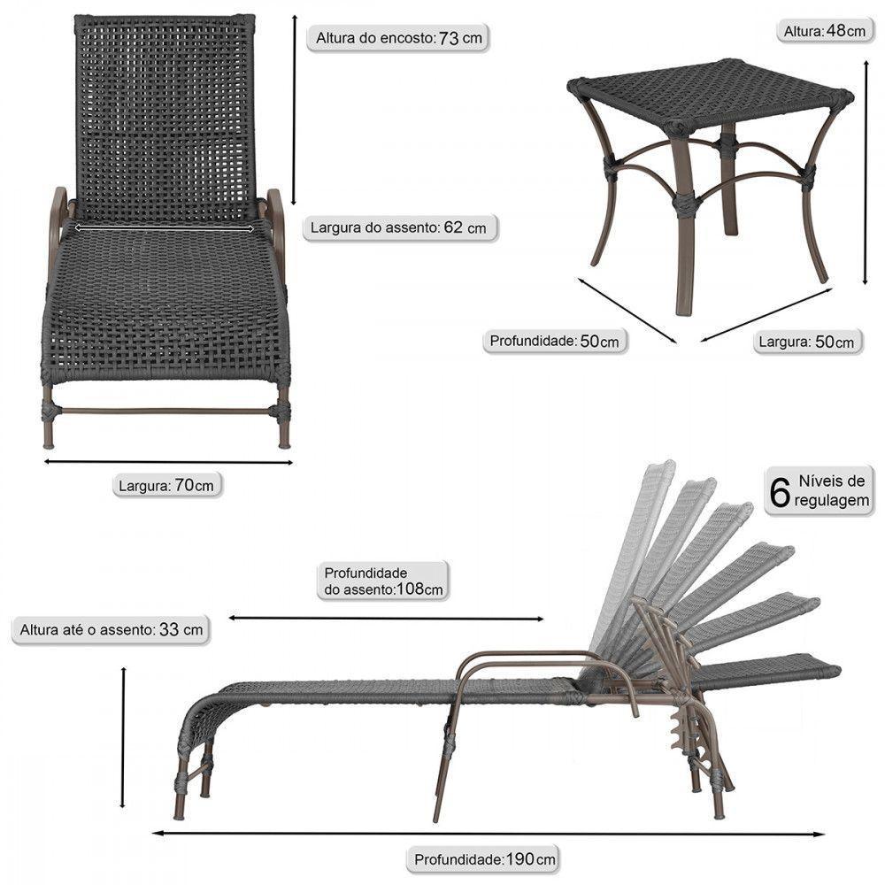 2 Espreguiçadeira Catar E 1 Mesa Garden Cor Marrom Preto - 2
