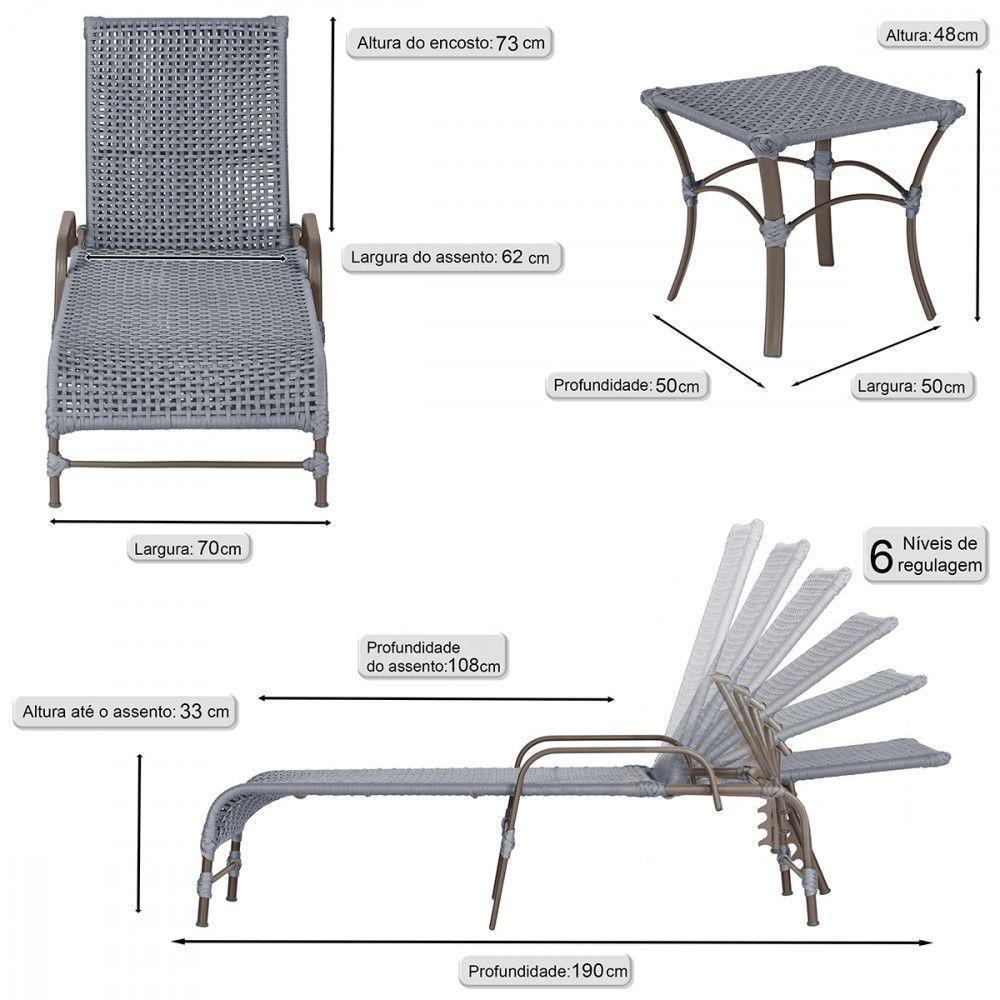 2 Espreguiçadeira Catar E 1 Mesa Garden Cor Marrom Prata - 2