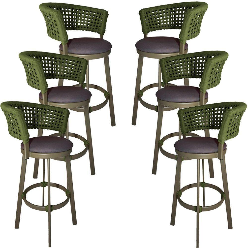 6 Banqueta Somália Em Alumínio E Corda Náutica Jardim Verde Musgo - 1