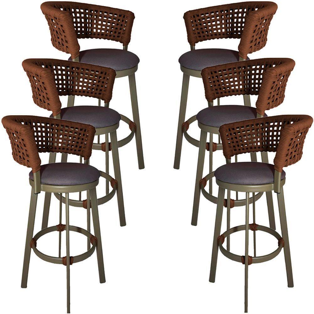 6 Banqueta Somália Em Alumínio E Corda Náutica Jardim Marrom - 1