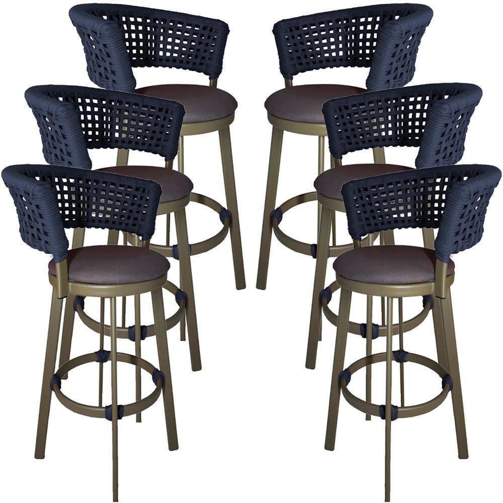 6 Banqueta Somália Em Alumínio E Corda Náutica Jardim Azul Marinho - 1