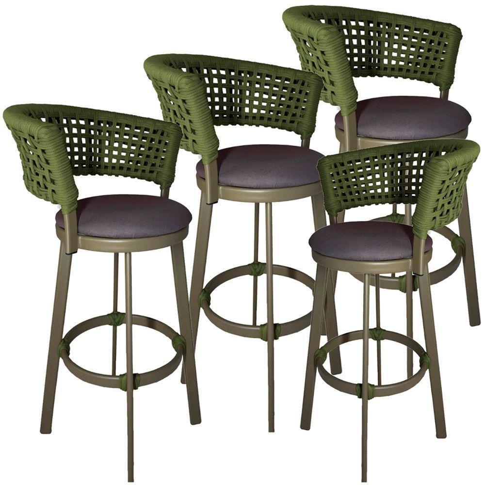 4 Banqueta Somália Em Alumínio E Corda Náutica Jardim Verde Musgo - 1