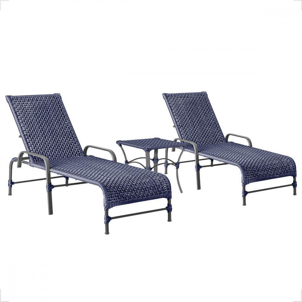 2 Espreguiçadeira Catar E 1 Mesa Garden Cor Preta Azul - 1