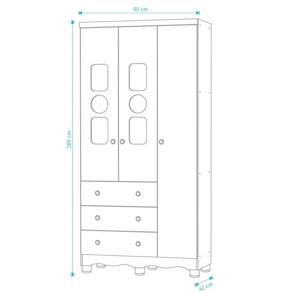 Armário Infantil 3 Portas 3 Gavetas Tedy - Moveis Peroba Branco Brilho - 2