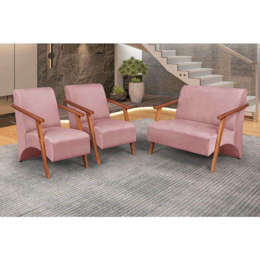 Conjunto Venus Braços Em Madeira Maciça 1 Namoradeira 2 Poltronas Suede Unidecor Rosa - 4
