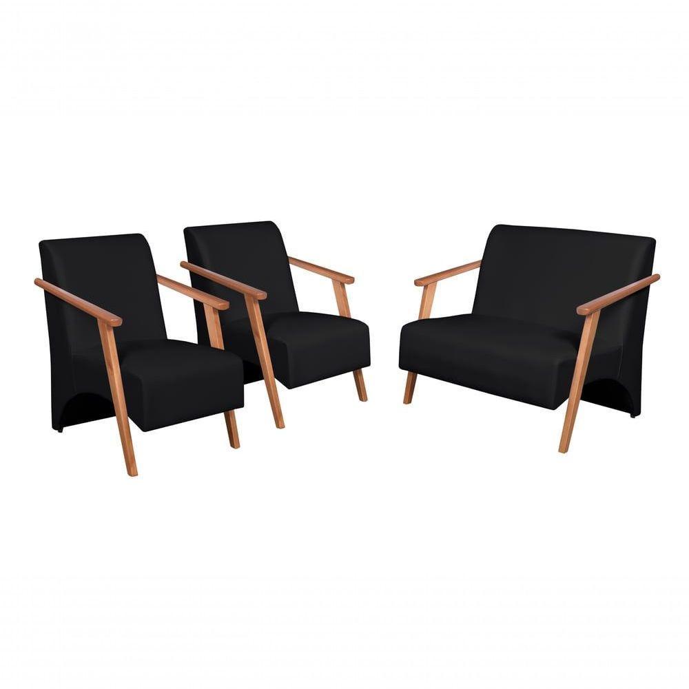 Conjunto Venus Braços Em Madeira Maciça 1 Namoradeira 2 Poltronas Courino Preto - 1